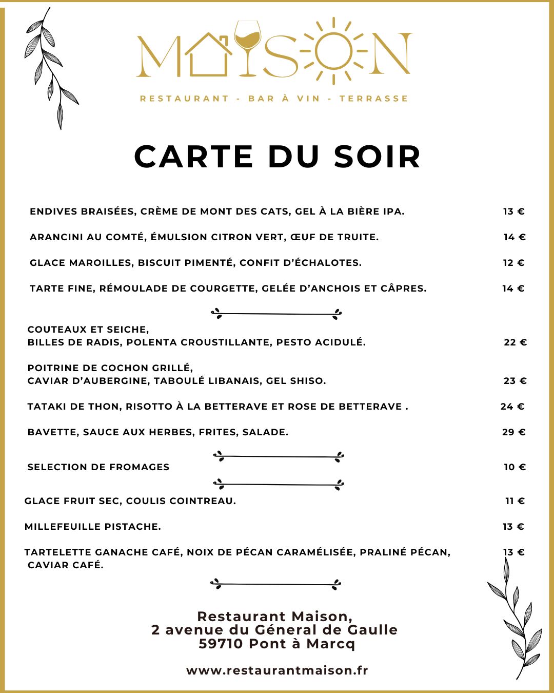 carte du soir à partir du 24 mars