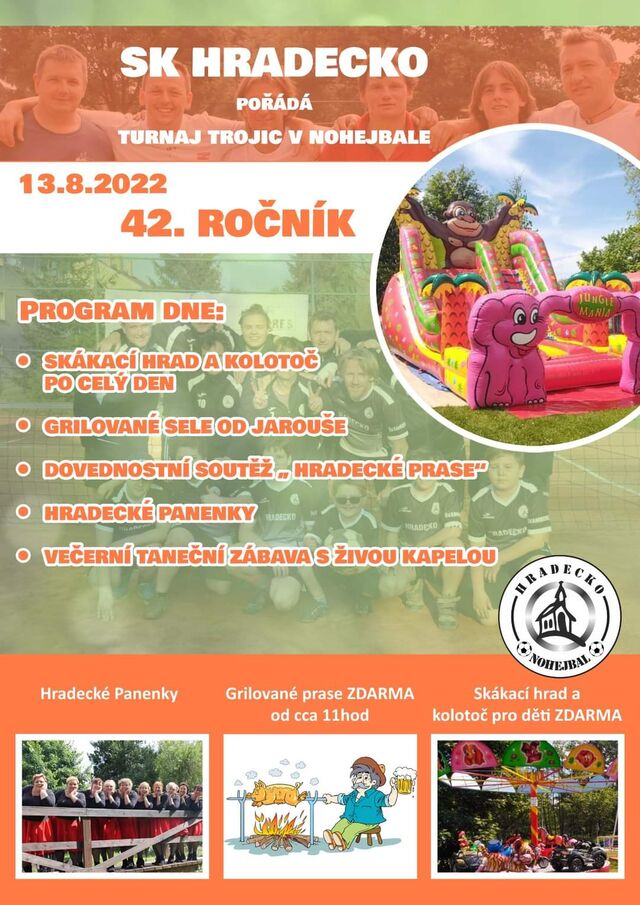 V sobotu 13.8.2022 se koná nohejbalový turnaj. K jídlu guláš, klobásy, párek v rohlíku a pizza. 