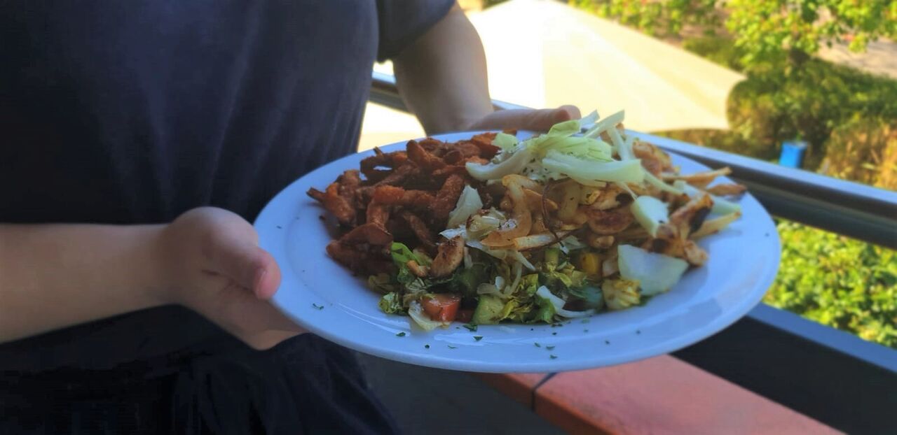 Gyrosteller mit Süßkartoffelpommes und Salat