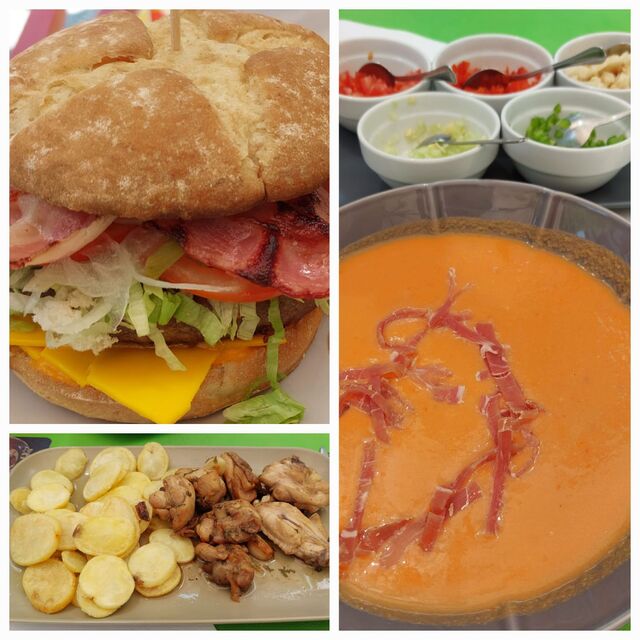 Hamburguesa, Gazpacho y Pollo al Ajillo