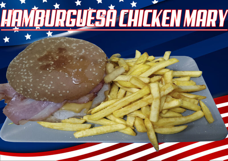 Pollo, Queso Cheddar y Bacón.
