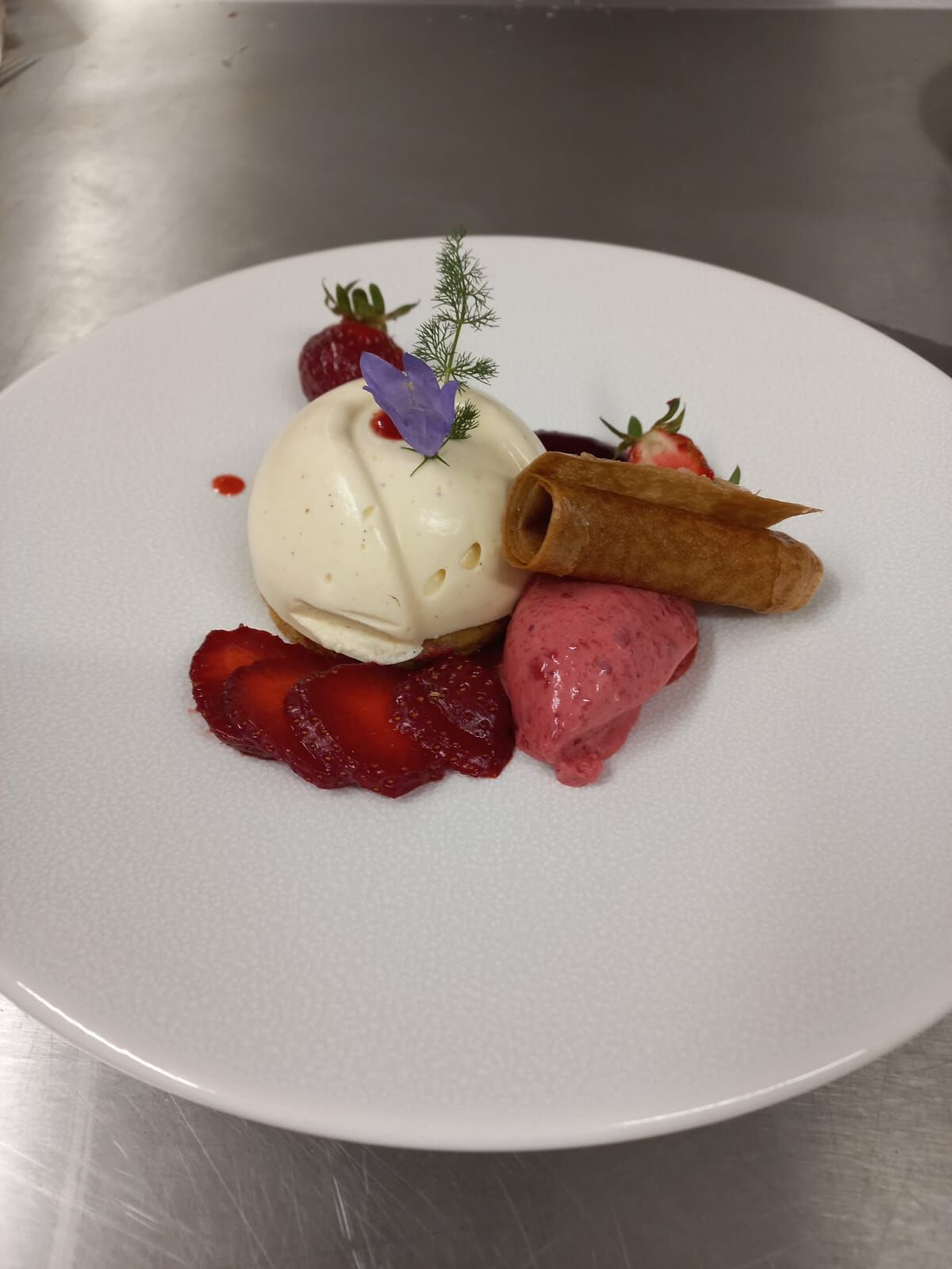Mousse de Crème brulée au cœur de framboises,
coulis et sorbet aux fraises du Bruant