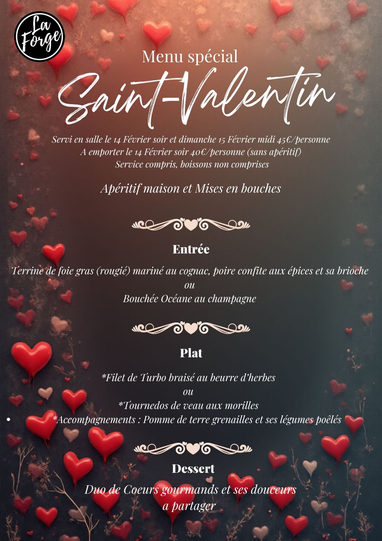 Week-End Saint Valentin 14 Février midi et 15 Février midi, "COMPLET SAMEDI SOIR"