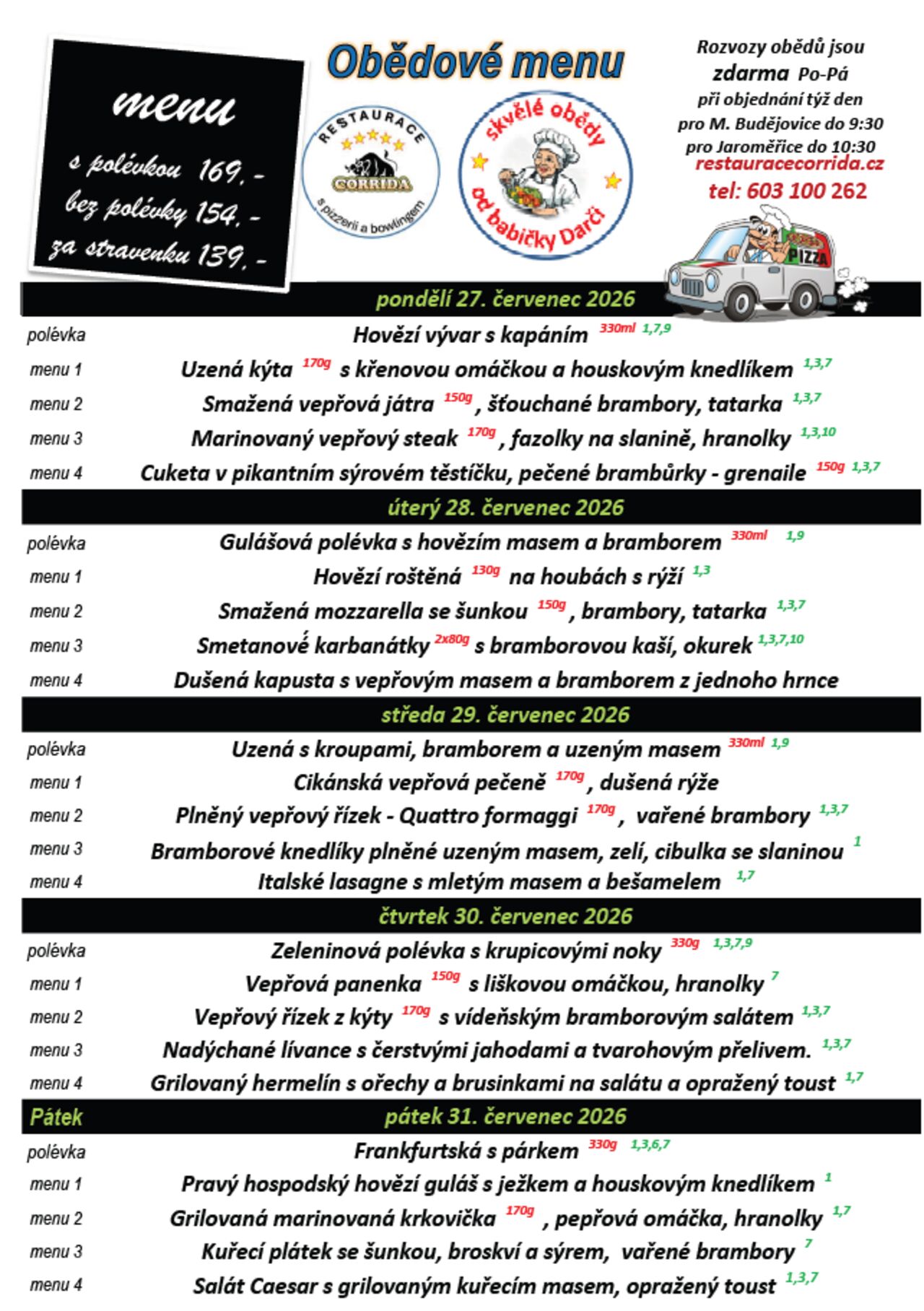 Obědové menu na pondělí 27. až pátek 31.července