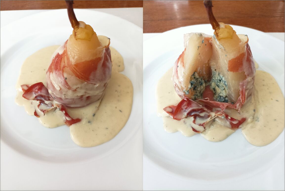 Poires poché au Risling et bleu d'auvergne