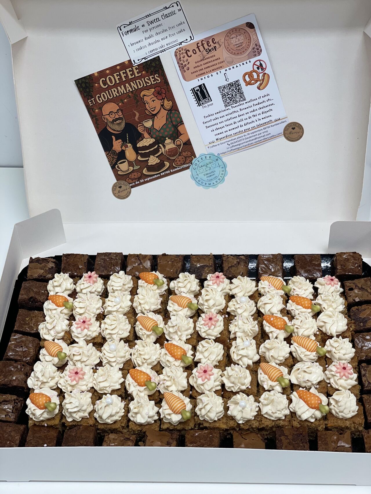 Brownie fondant double chocolat fève tonka et carrot’cake glaçage cream cheese vanillé