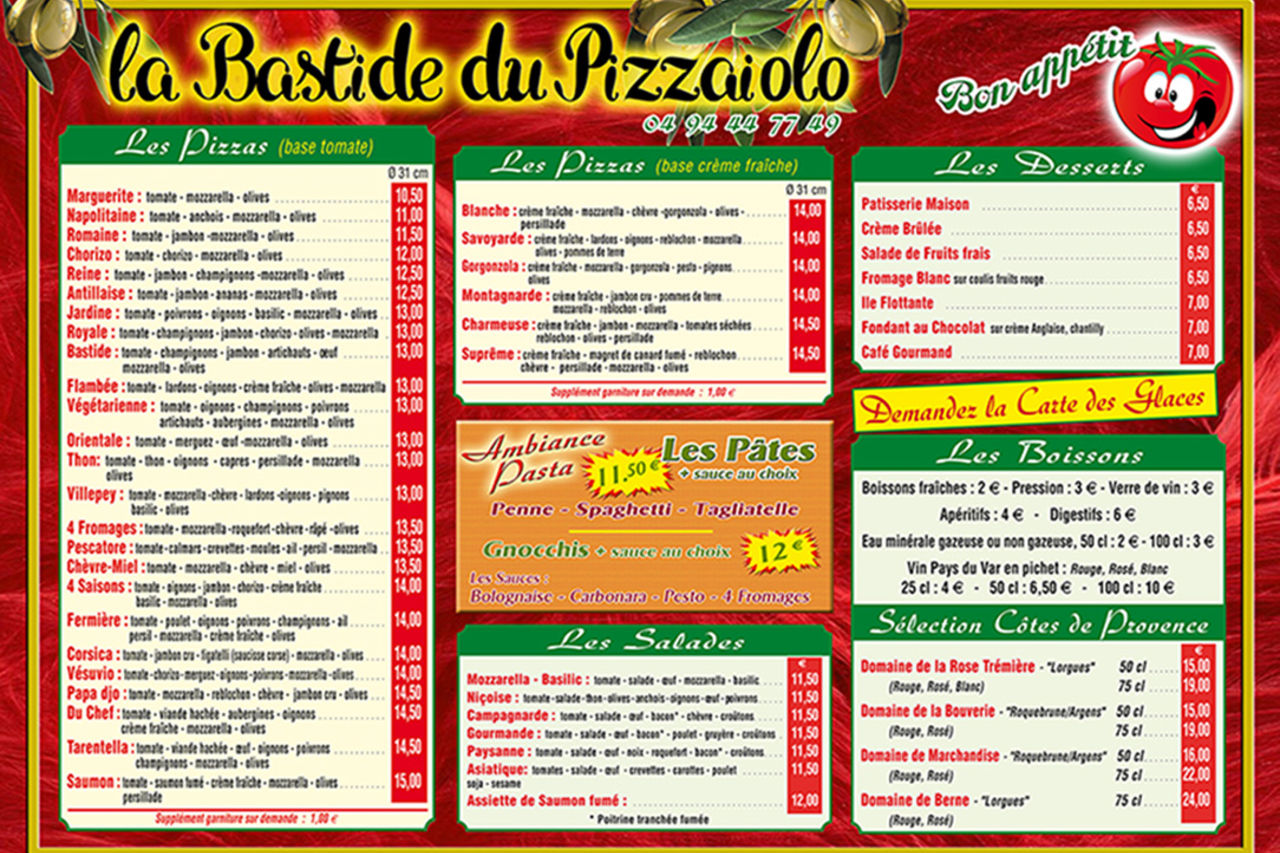 Menu pizzas pâtes et salades