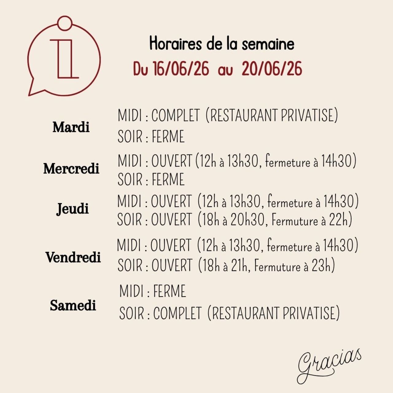 HORAIRES RESTAURANT