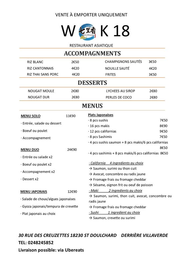 Menu 2 de plats à emporter