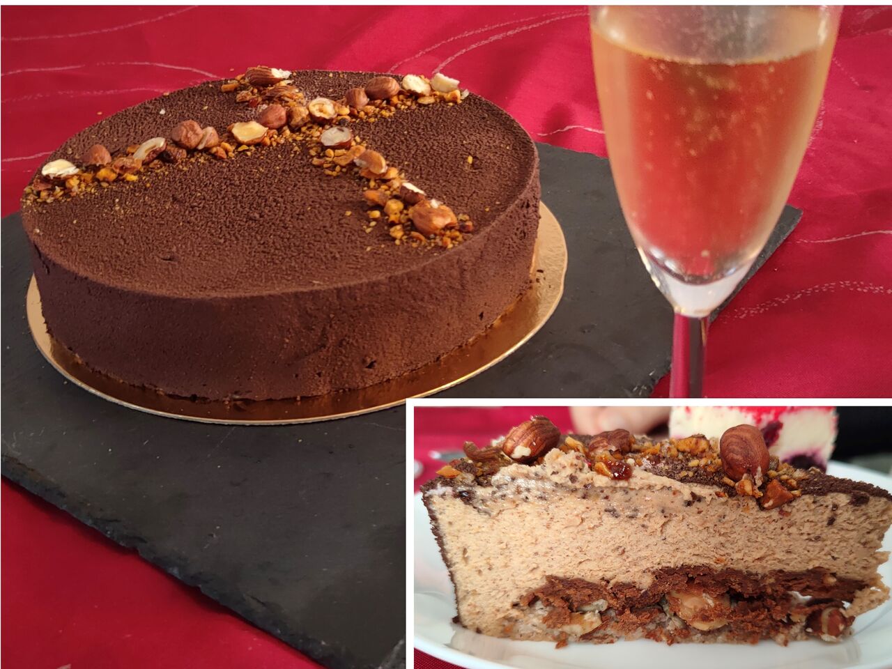 Entremets noisettes - praliné FLOQUAGE VELOURS (noisettes, mousse au praliné, et croustillant feuilleté au praliné)