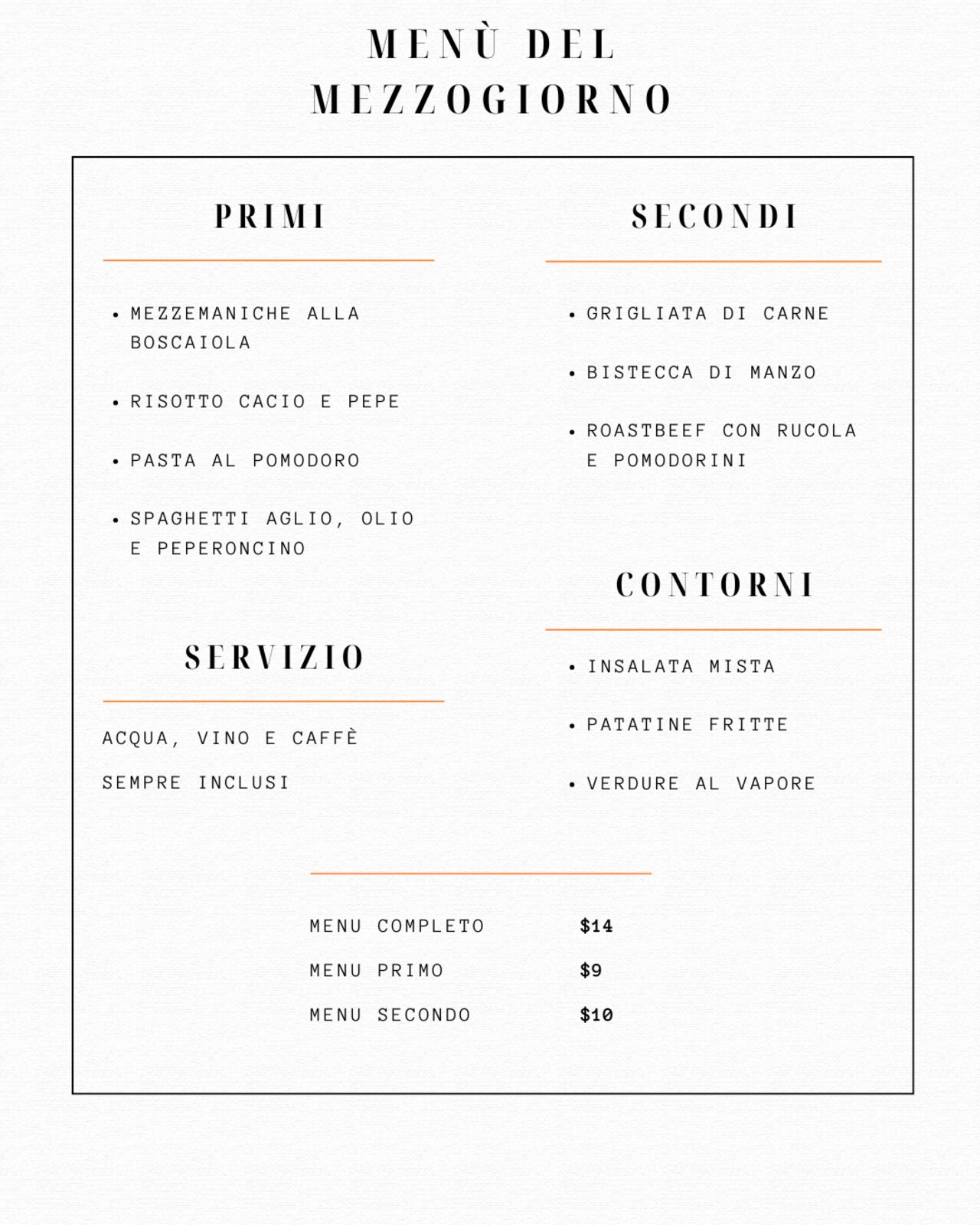 Menù fisso del mezzogiorno