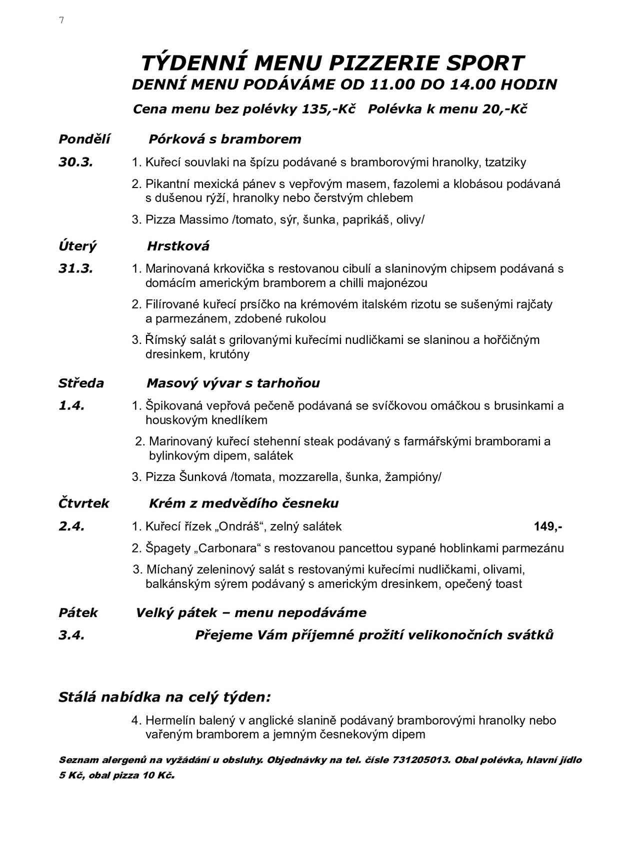 Týdenní menu 30.3.-3.4.2026