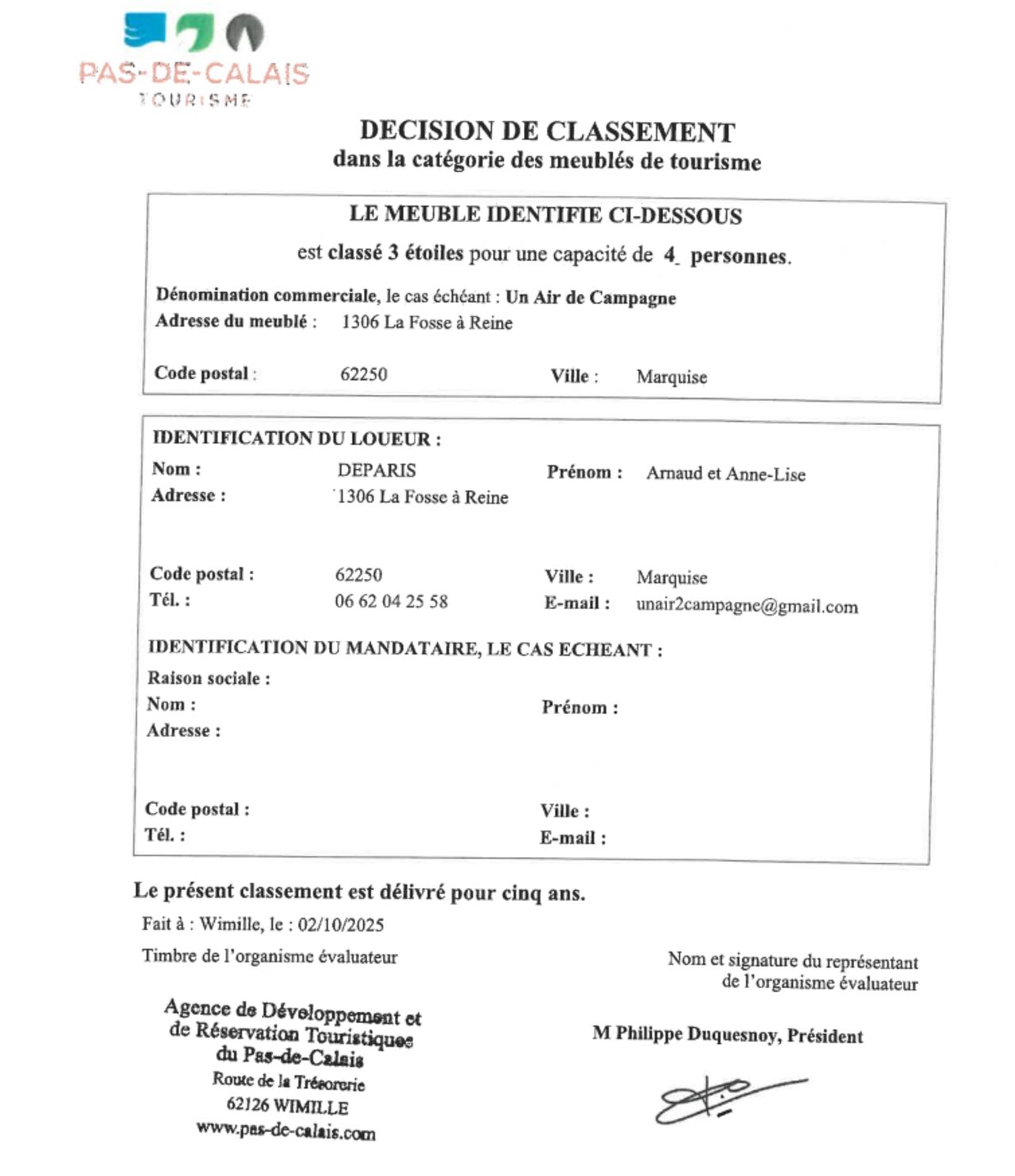 Meublé de Tourisme classé 3 étoiles