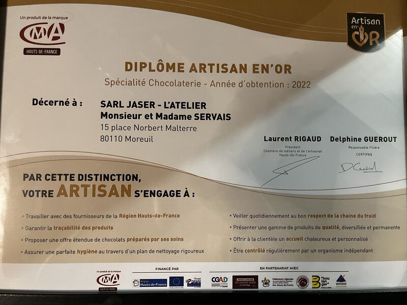Diplôme artisan en or, Chocolaterie