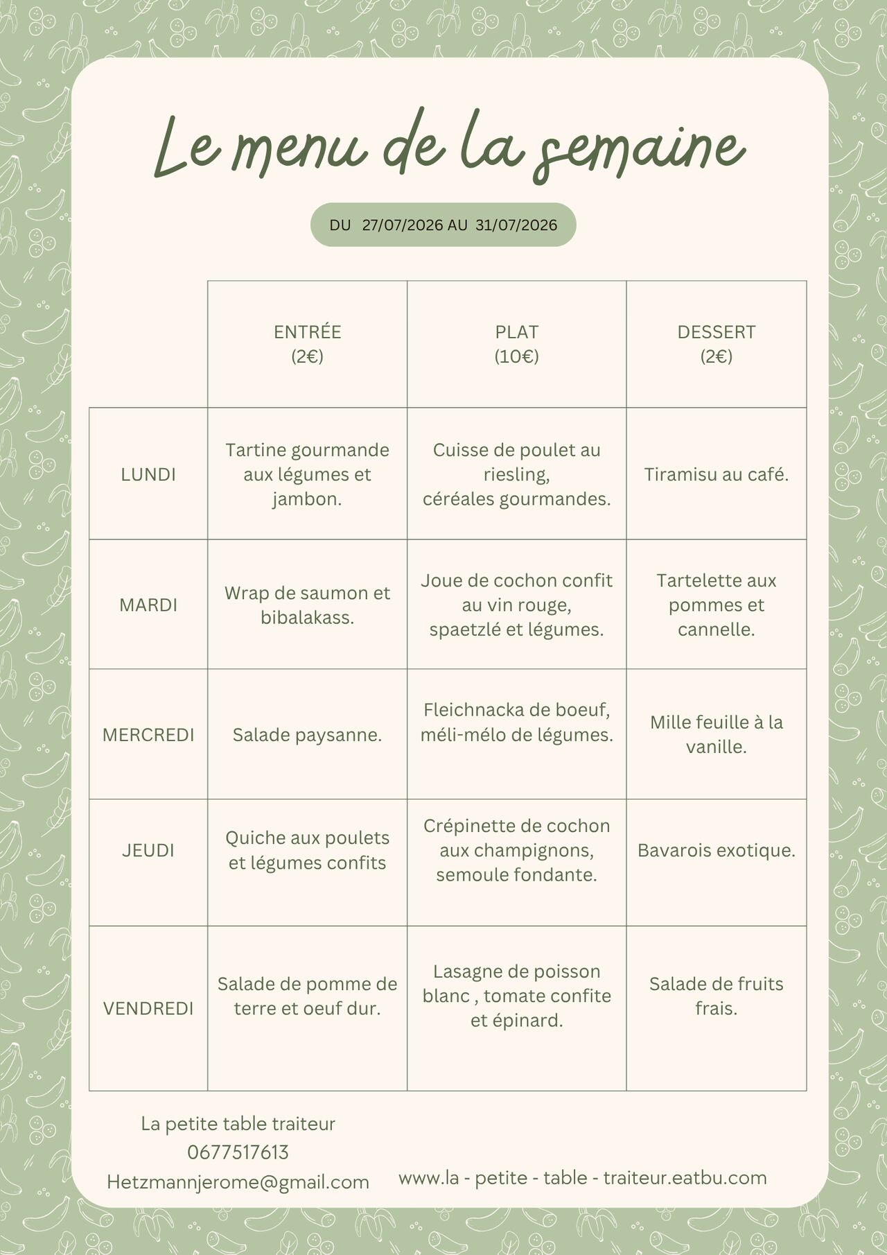 Menu du jour du 27 au 31 juillet 2026