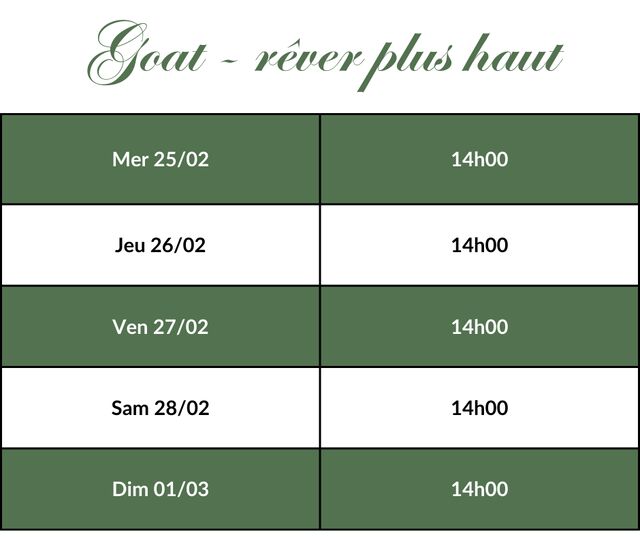 Goat - rêver plus haut - Horaires