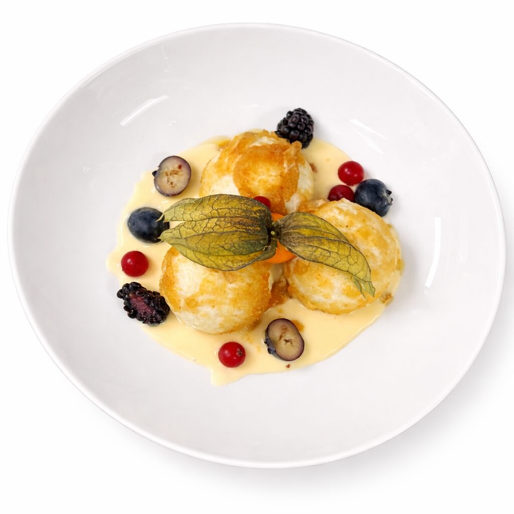 Topfenknödel mit Marillenfüllung, Vanillesauce und süßen Bröseln 