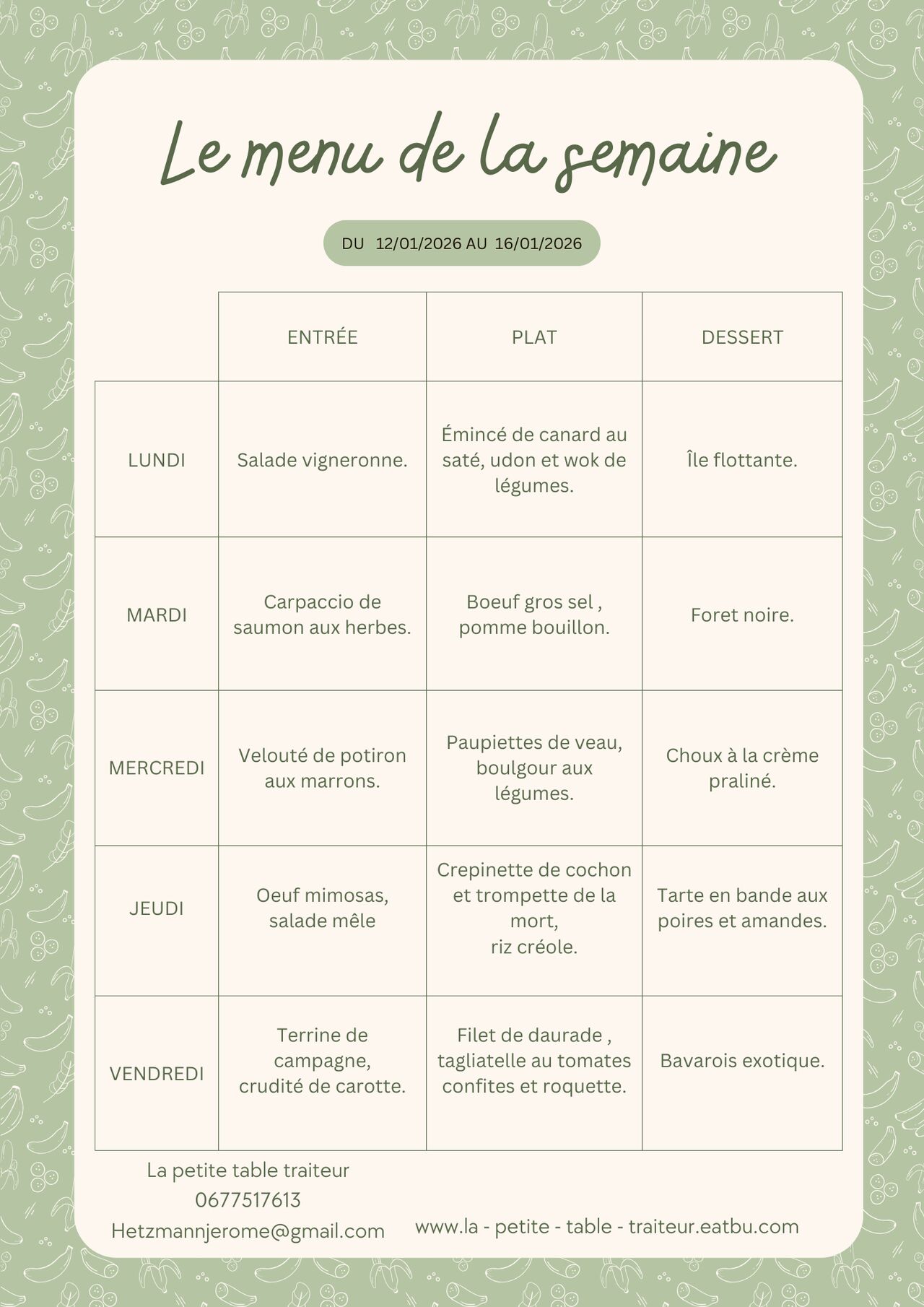 Menu du jour du 12 au 16 janvier 2026