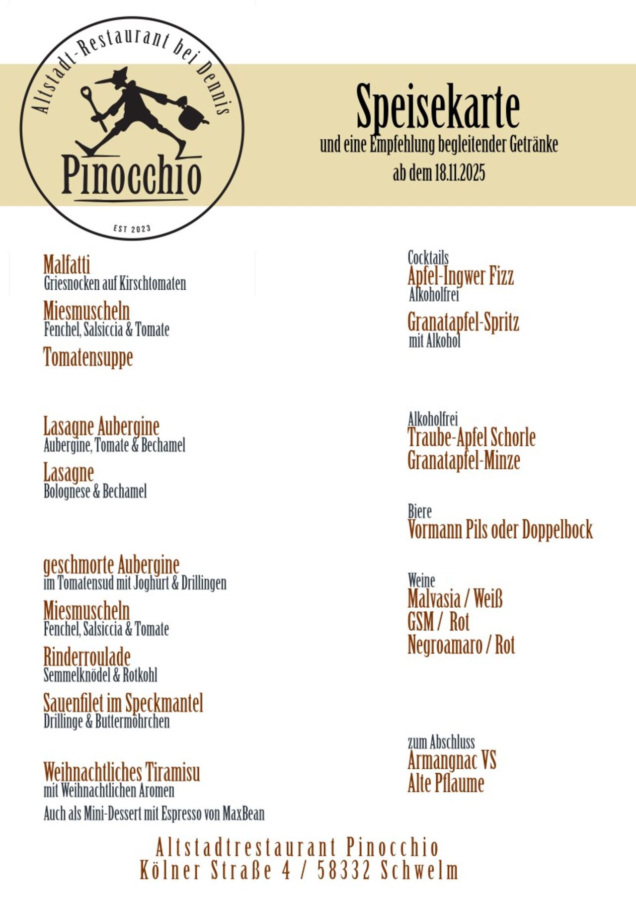 Unsere Speisekarte vom 18.11.25 - 29.11.25