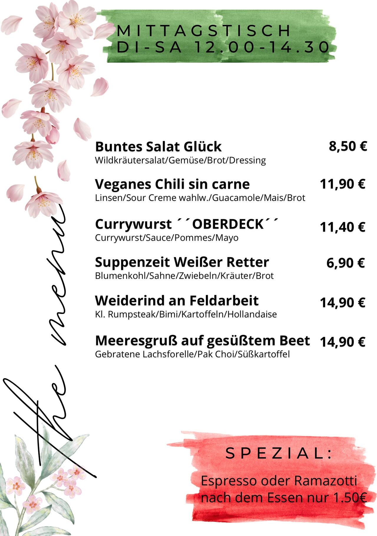 Mittagskarte im Café Kunstpause
