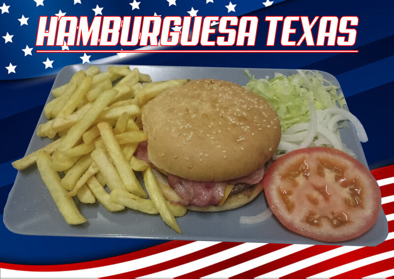 Carne, Bacón, Queso, Lechuga, Cebolla y Tomate Natural.
