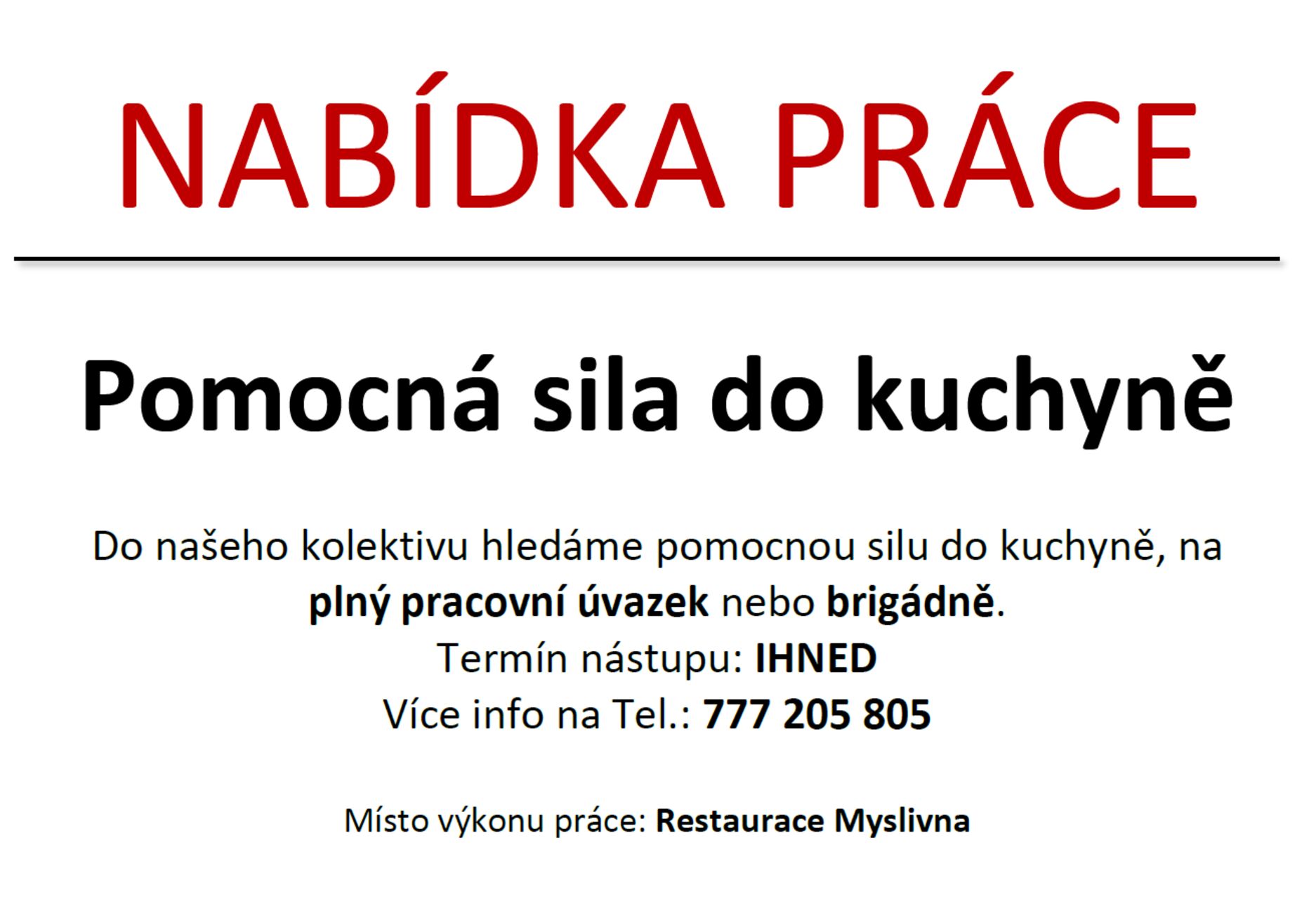 Nabídka práce - pomocná sila do kuchyně