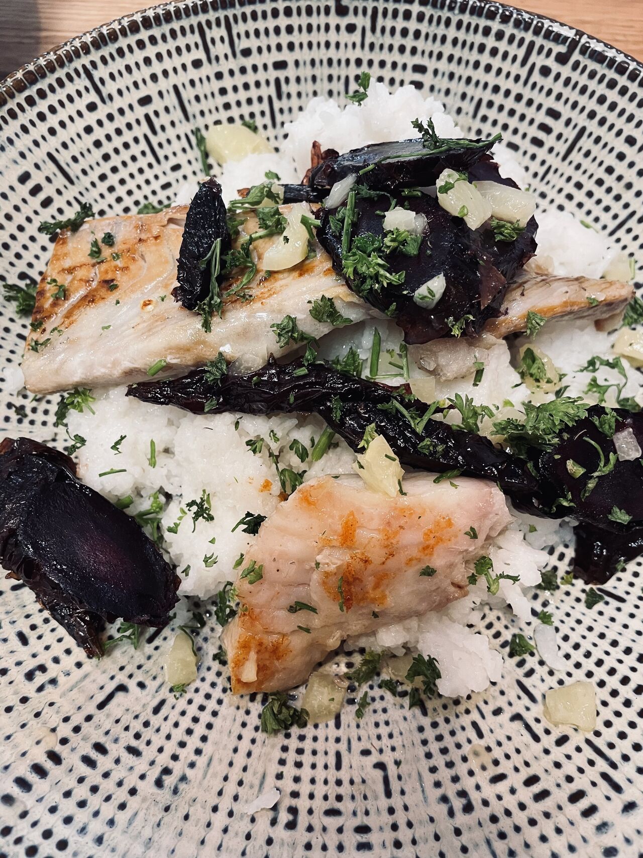 Filet de merlan, riz parfumé et betterave
