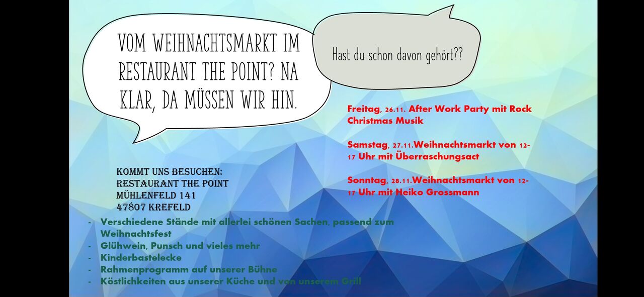 26.11. After Work Party mit DJ ab 17 Uhr
27.11. und 28.11. Weihnachtsmarkt ab 12 Uhr
Schöne Stände, tolles Essen&Getränke