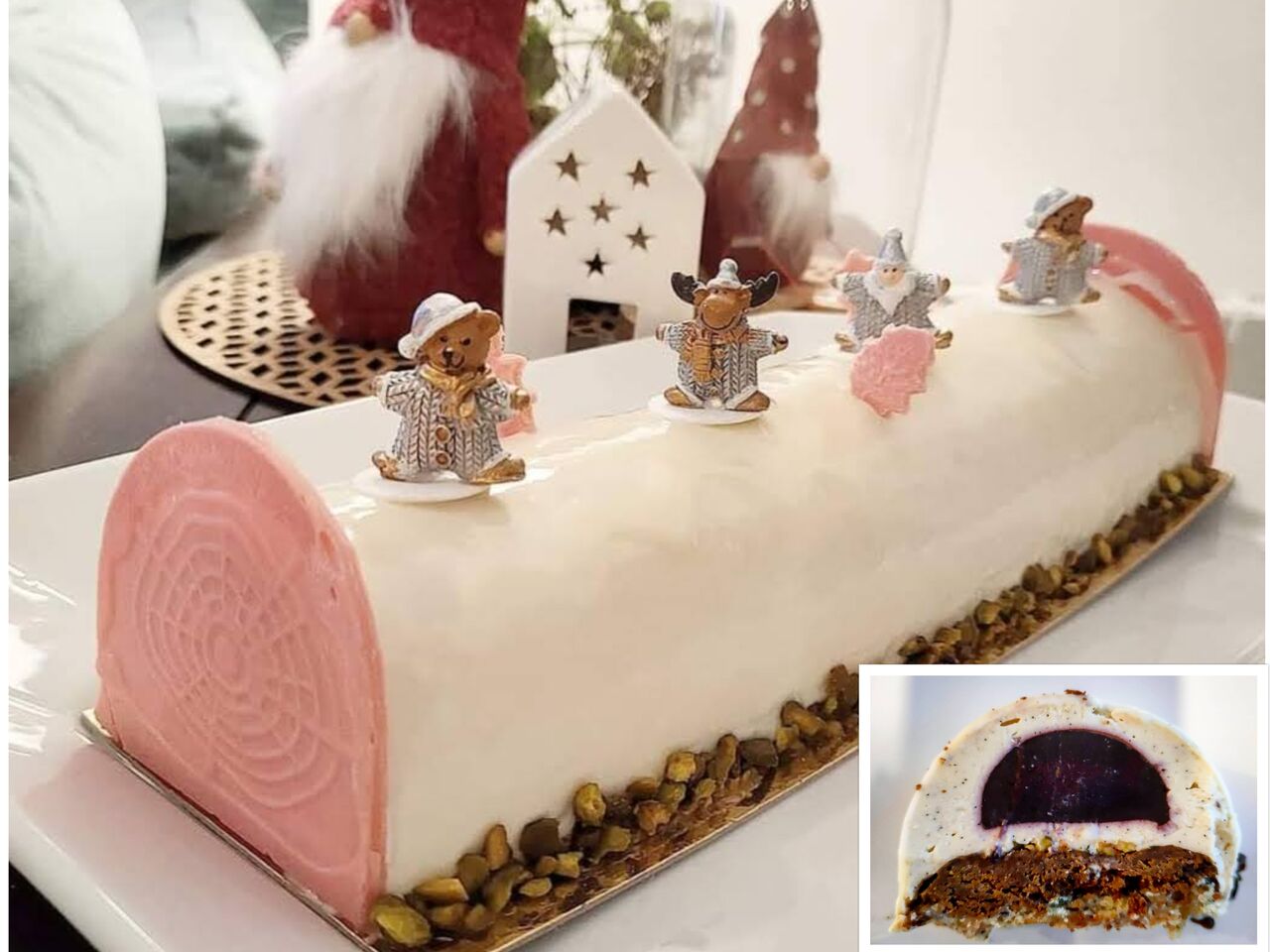 Bûche vanille - framboise - pistache (mousse bavaroise vanille, insert gélifié framboise et croustill feuill praliné pistache)