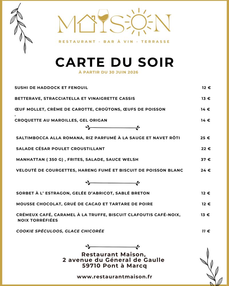 carte du soir à partir du 30 juin