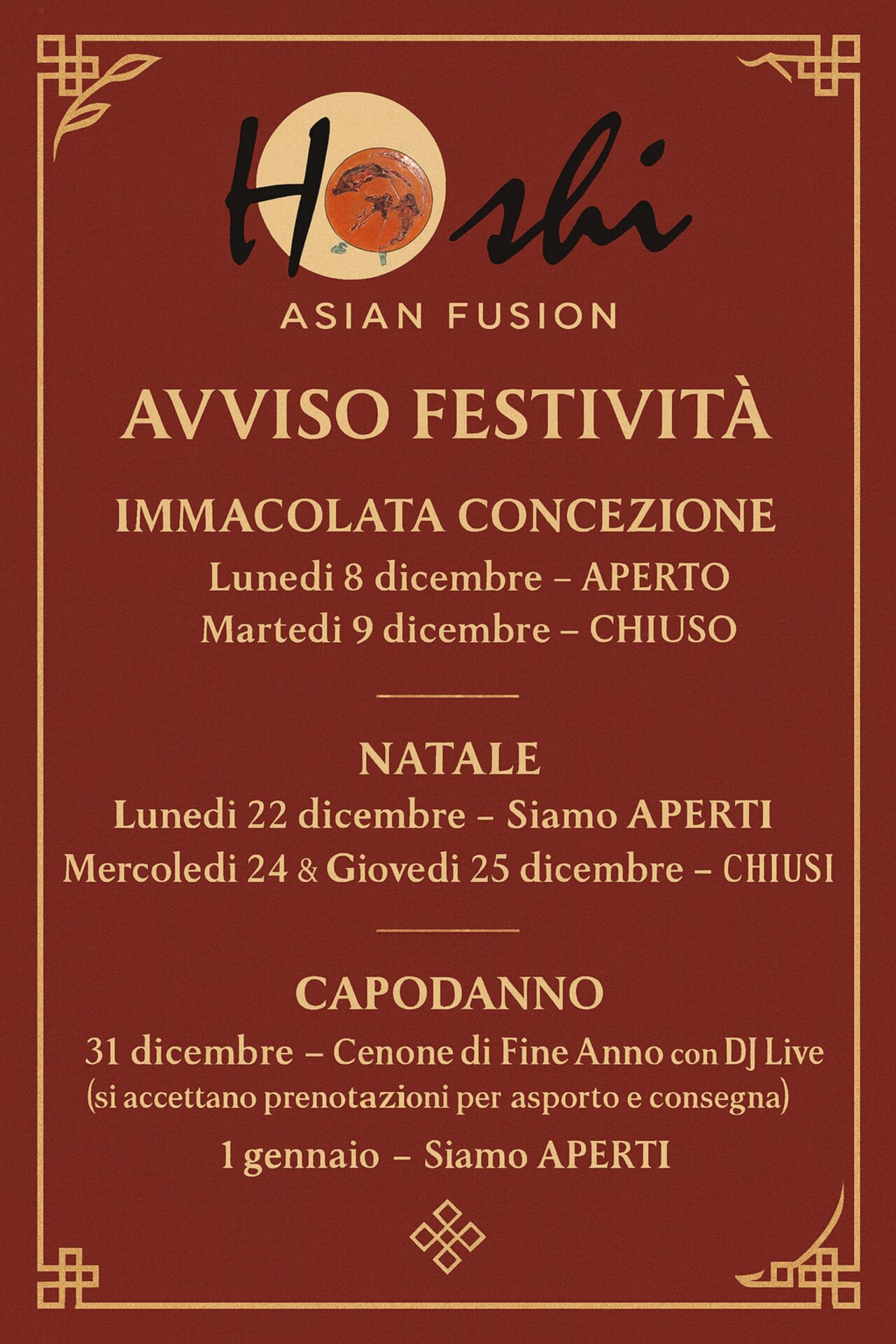 ✨ AVVISO FESTIVITÀ — HOSHI ASIAN FUSION ✨