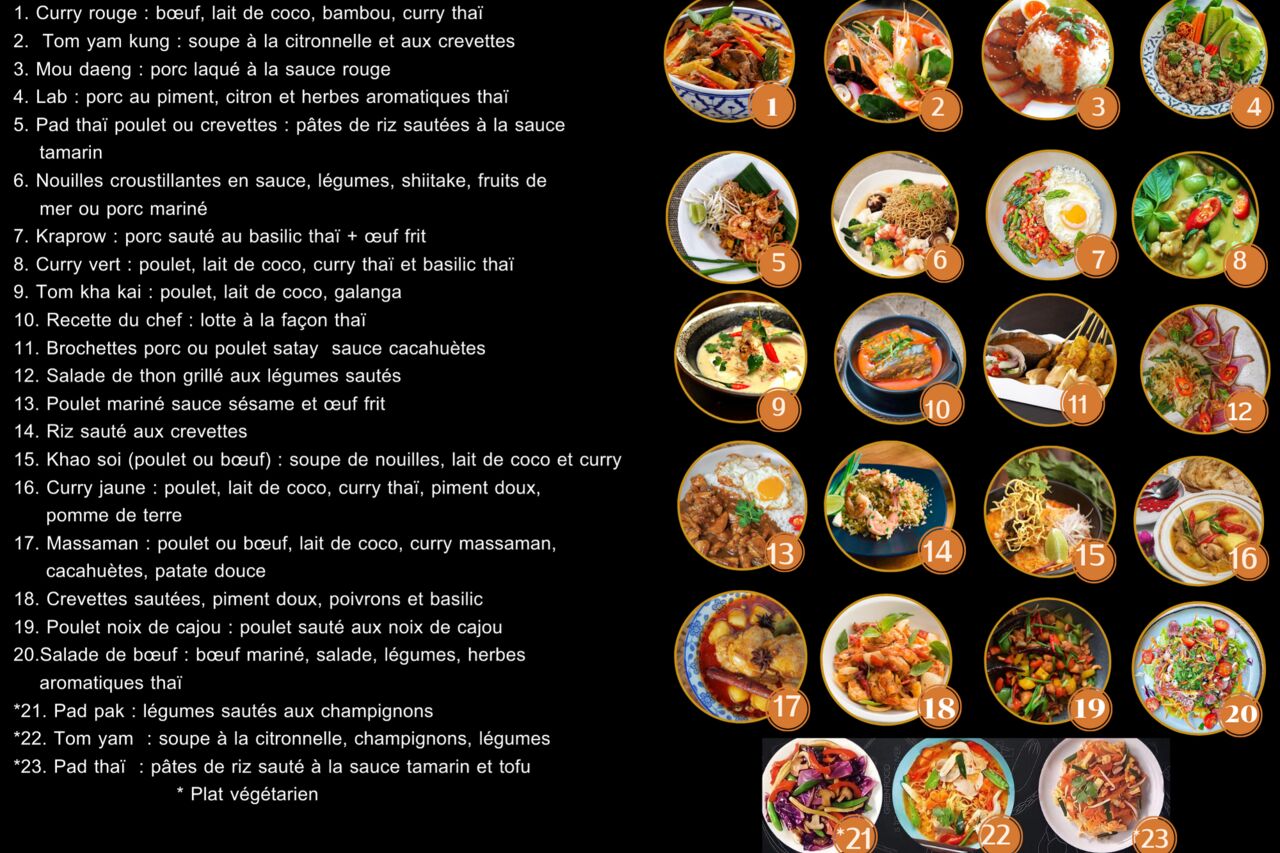 Une liste exhaustive des plats que je propose