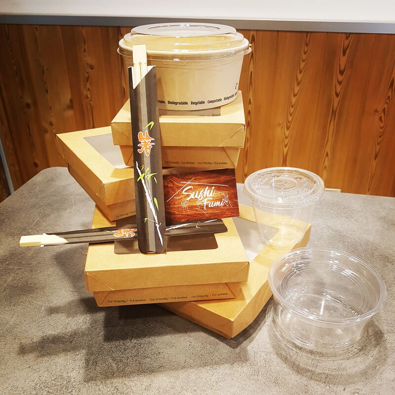 Emballages 100% éco-responsables. La vente à emporter dans le respect de l'environnement. 