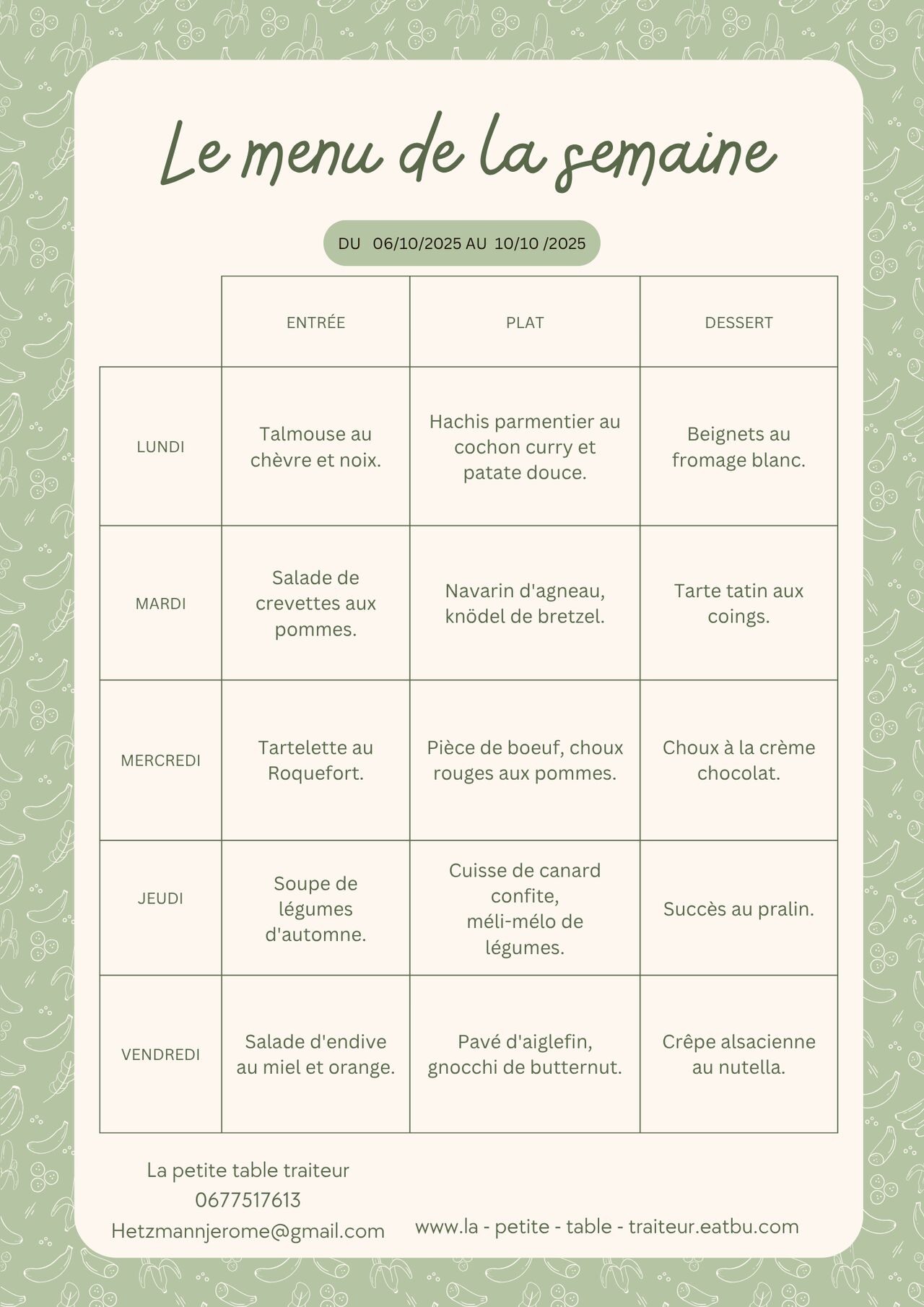 Menu du 06 octobre au 10 octobre 2025