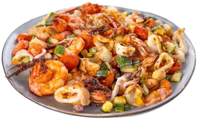 calamaretti, gamberi, zucchine e pomodorini gratinati