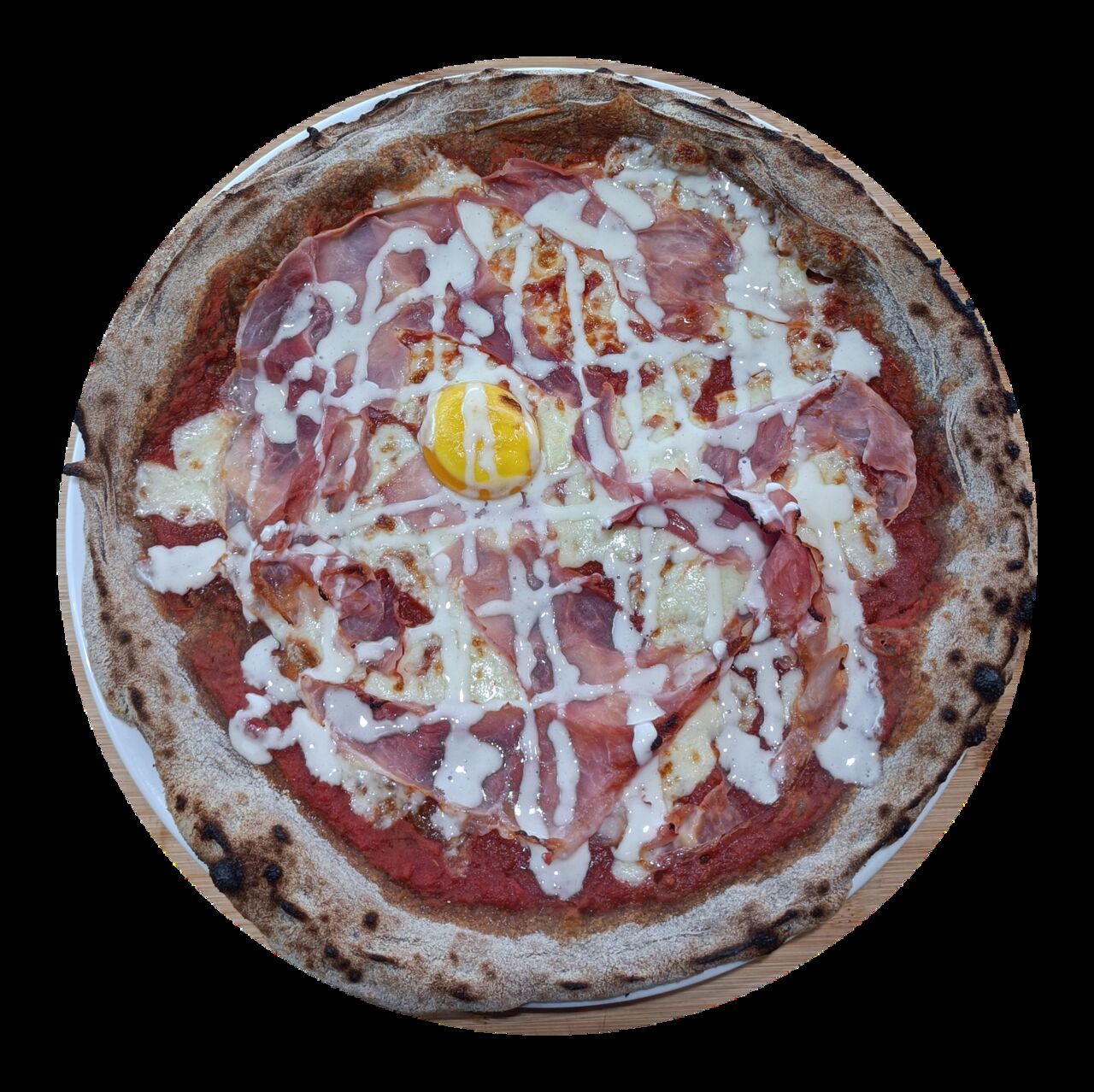 Avril La Milanese - Base tomate, mozzarella FDL, jambon blanc, œuf et crème de gorgonzola maison