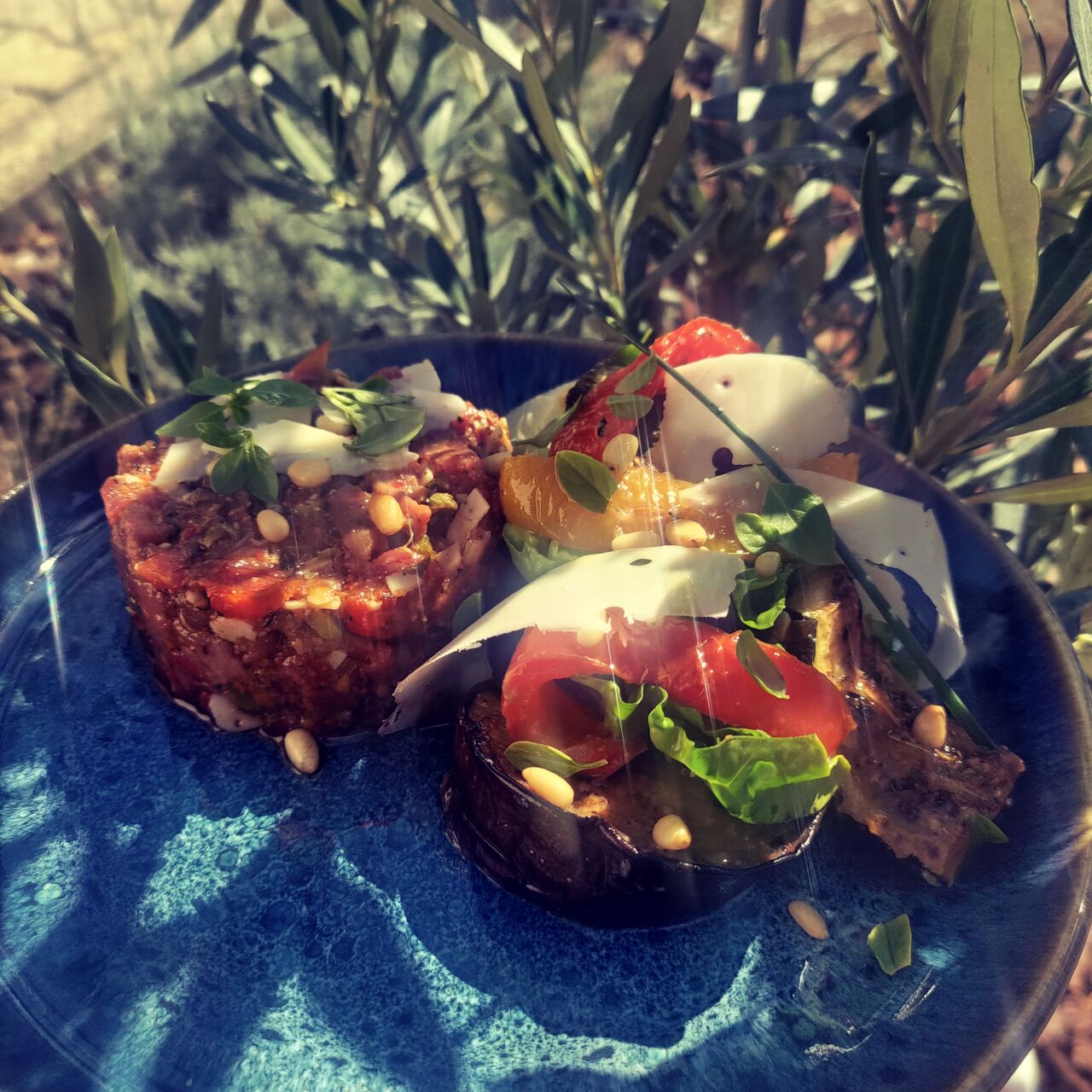 Tartare de boeuf à l'italienne : pesto rosso, parmesan, échalotes et cornichons
Sucrine et antipasti du jardin