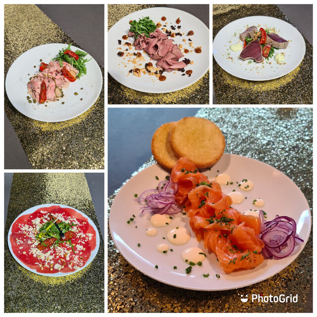 Vitello tonato,carpaccio,tataki tonijn,gerookte eendenkroos, toast gerookte zalm