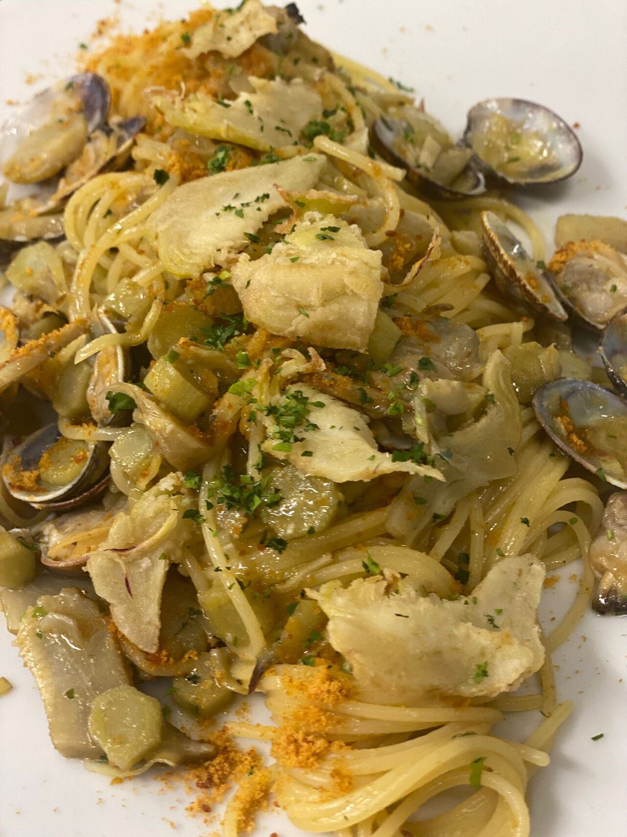 Spaghetto arselle bottarga & carciofi