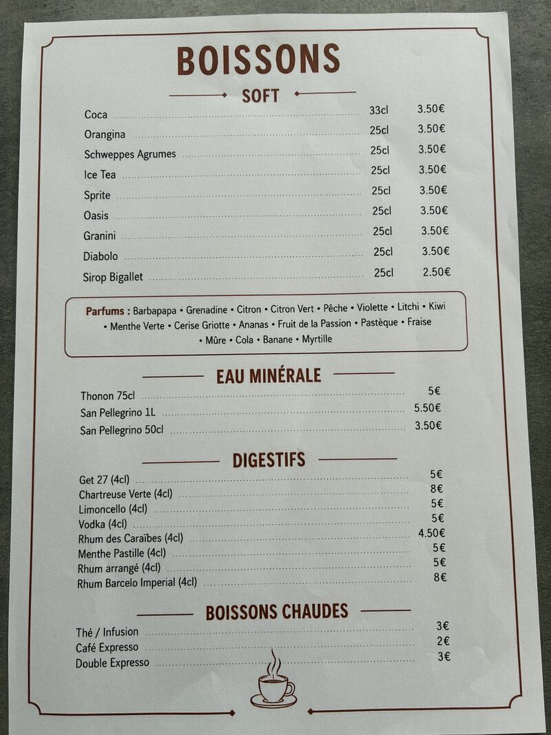 Carte des boissons 