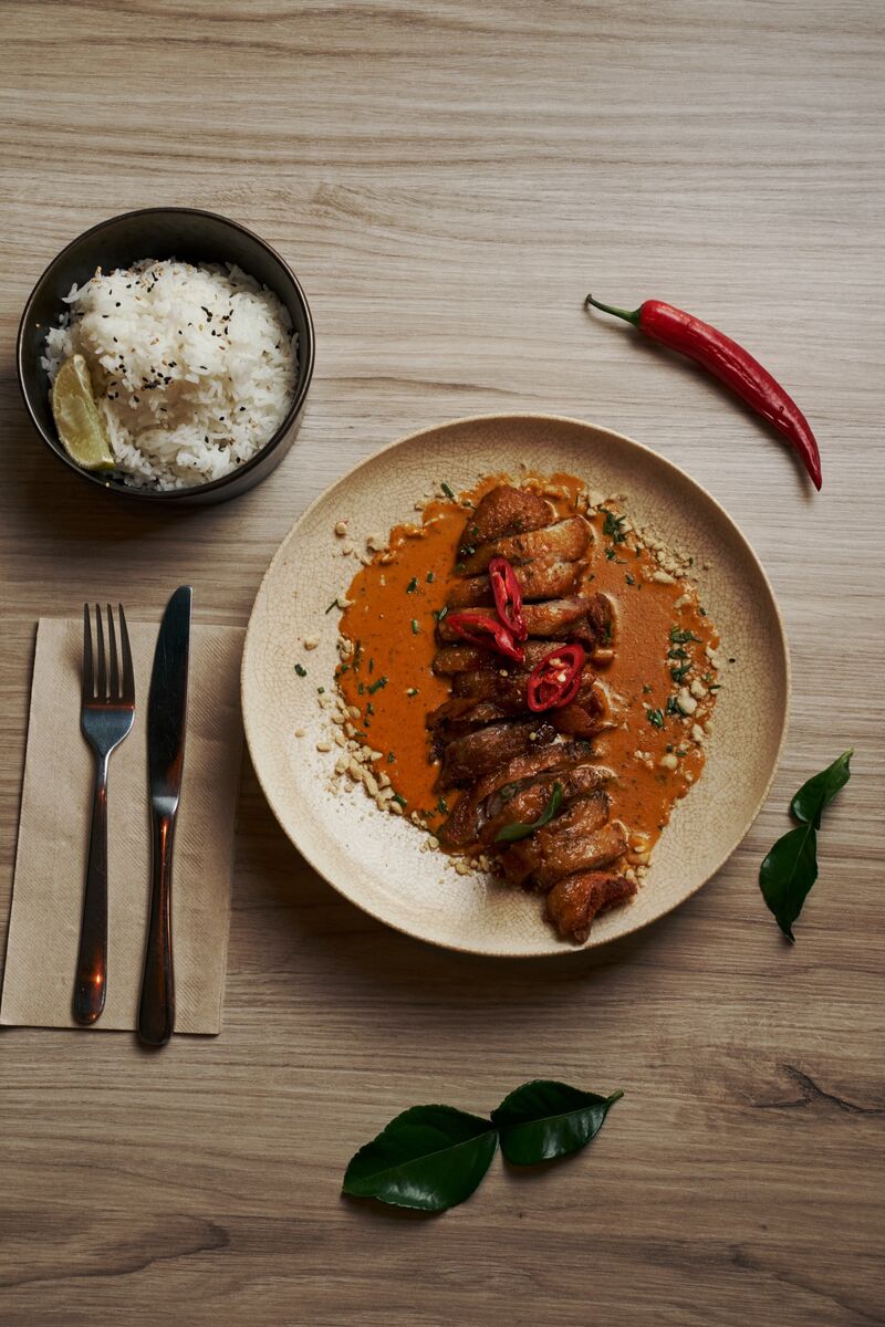 Crispy duck in panang curry