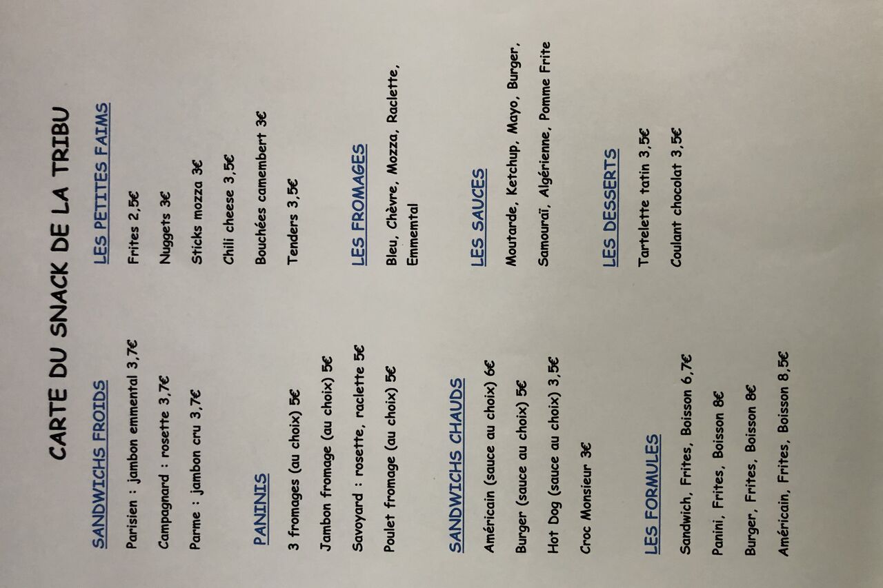 Carte du snack de la tribu