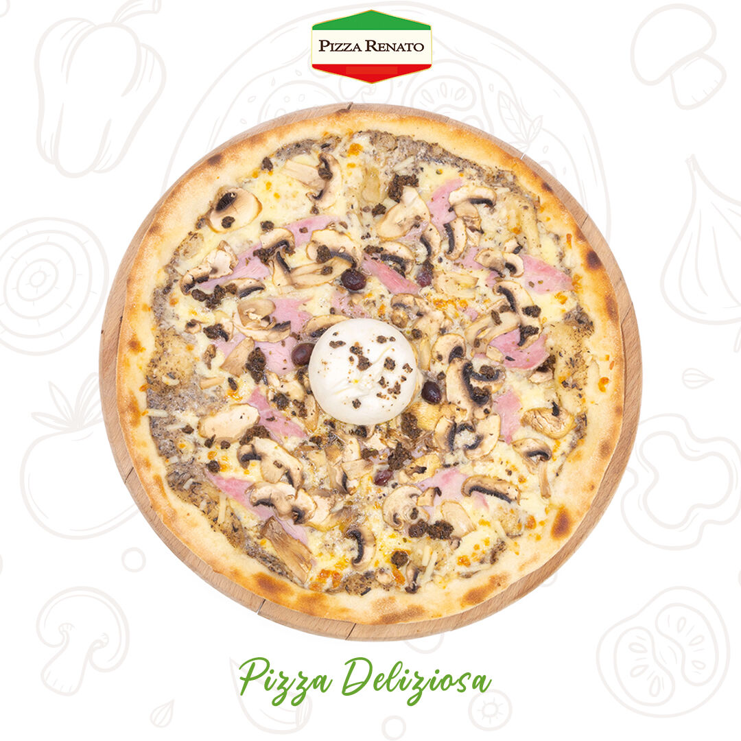 crème de truffe, fromage, burrata entière, jambon, champignons, brisures de truffe. 33cm