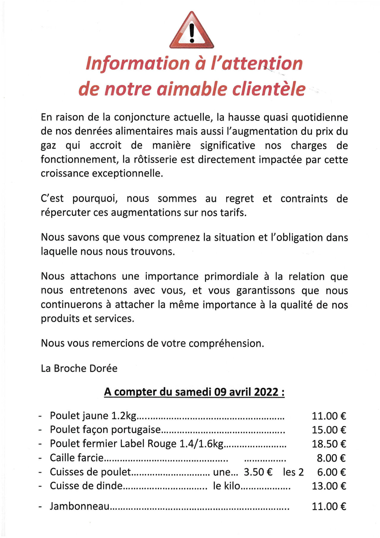 hausse tarif 2022 en raison de la conjoncture