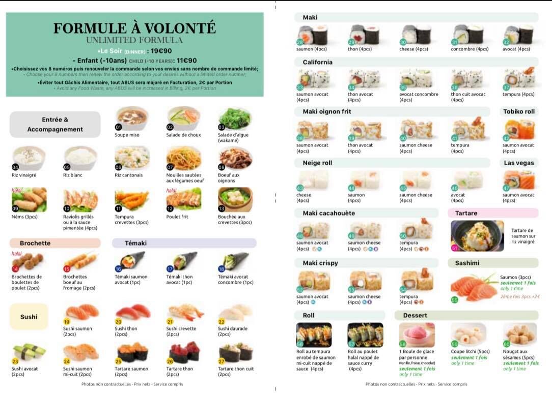 voici notre nouvelle carte pour le buffet a volonté qui est à 19.90€ et pour les enfants de moins de 10ans le prix est de 11.90€