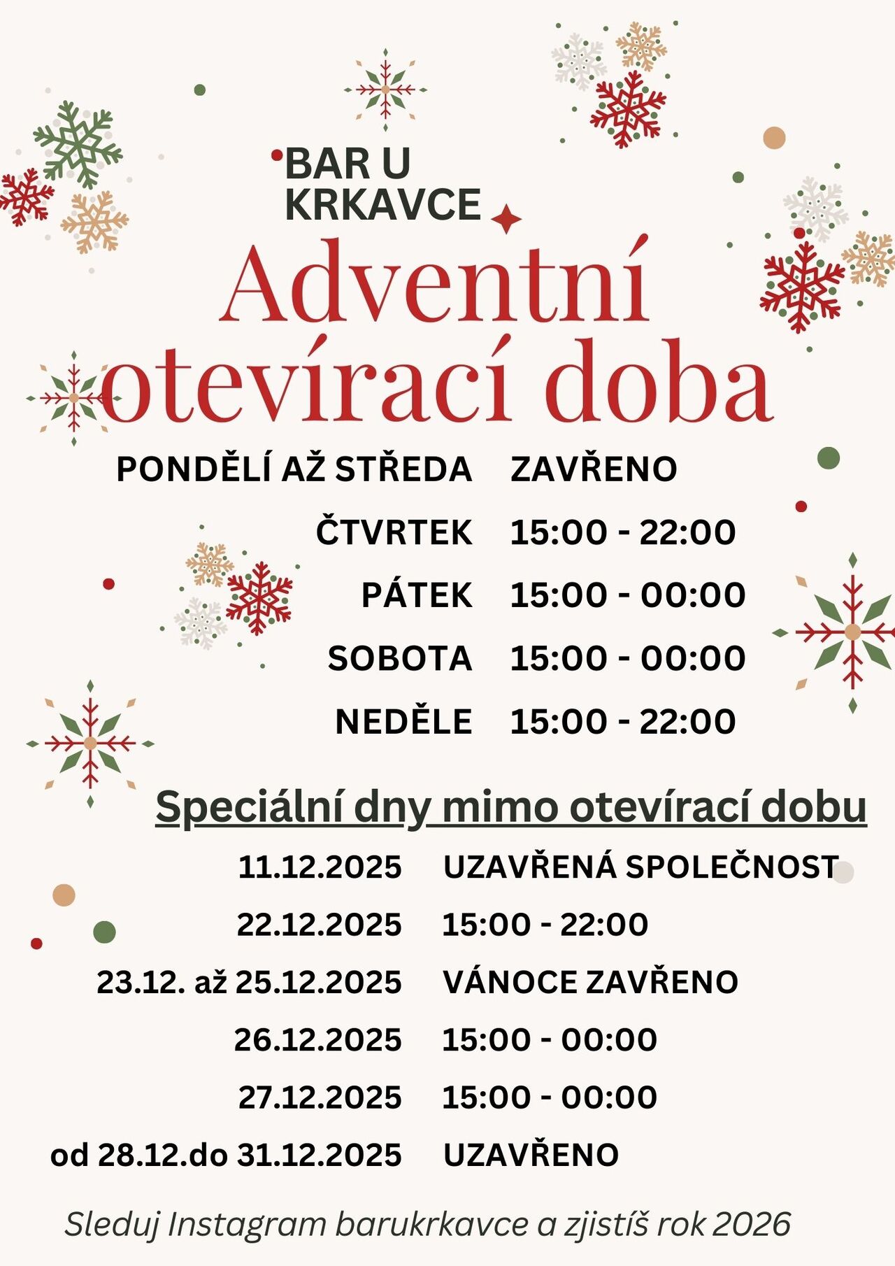 Adventní otevírací doba 2025!