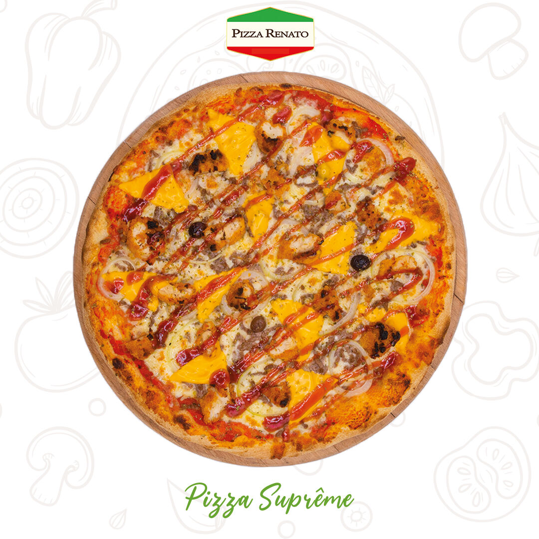 Pâte épaisse -> Tomate, fromage, viande hachée, crousti-poulet, oignon, cheddar, sauce BBQ