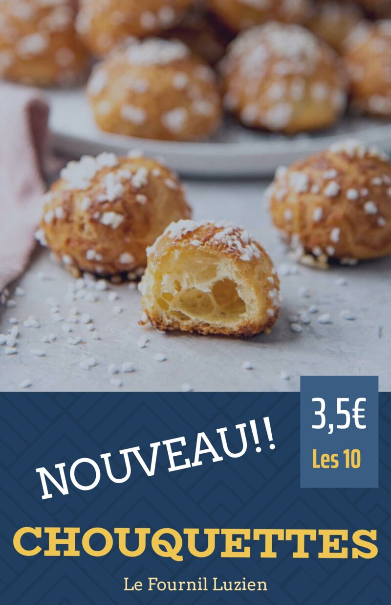 Venez déguster nos chouquettes cuite au fur et à mesure des ventes,
-Barquette de 10 chouquettes à 3,50€