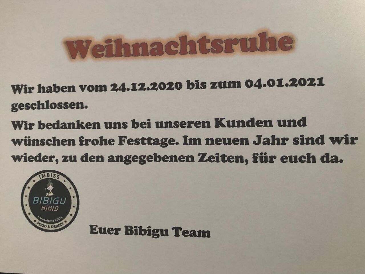 Vom 24.12.2020 bis zum 04.01.2021 geschlossen