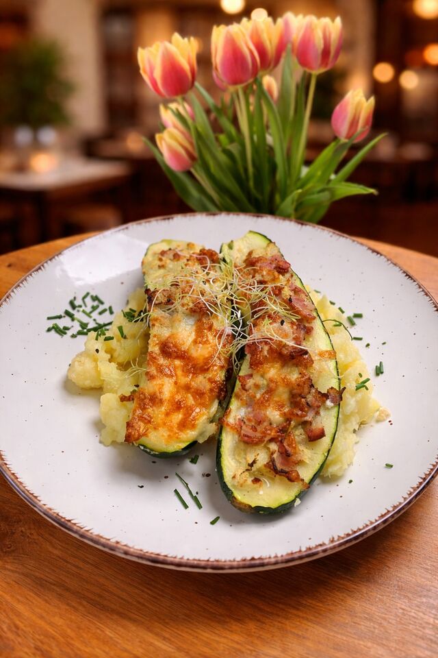 Zapekaná cuketa plnená šunkou a syrom